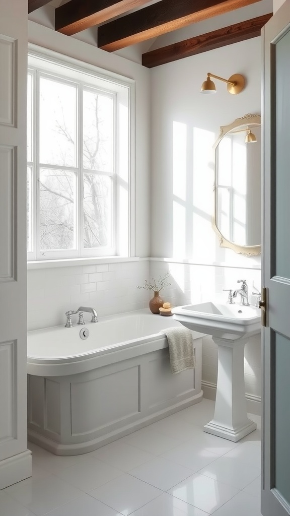 A bright bathroom featuring Winter Snow paint color by Benjamin Moore, showcasing a freestanding tub, pedestal sink, and wooden beams.