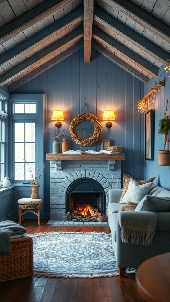 A cozy living room featuring Wintry Blue walls, a fireplace, and warm lighting.