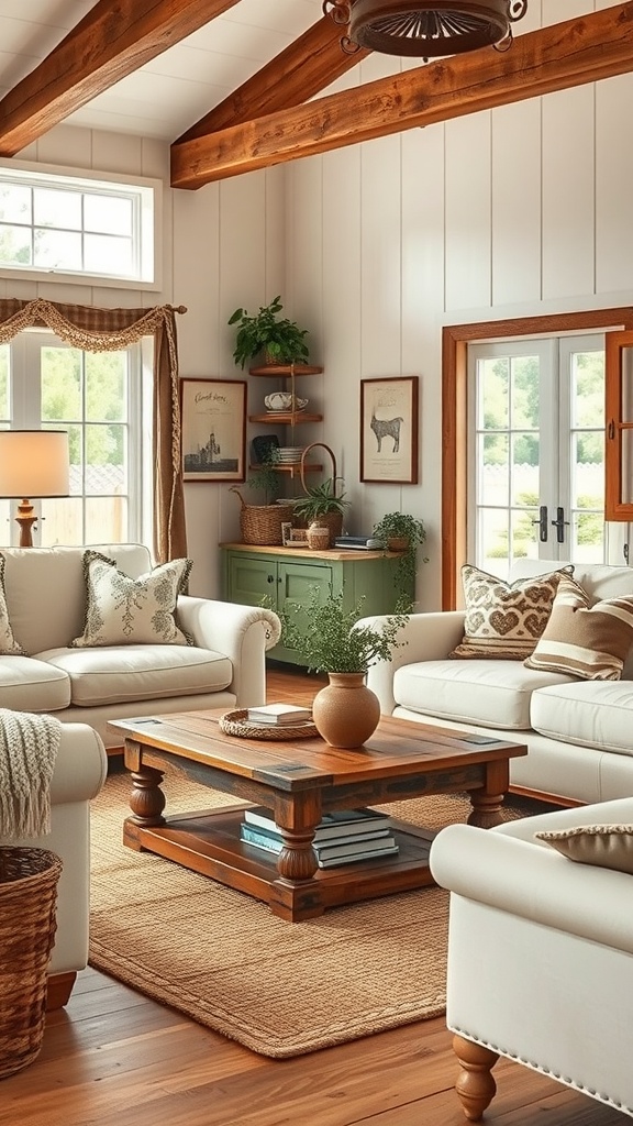 A cozy rustic farmhouse living room with cream sofas, wooden beams, and a wooden coffee table.