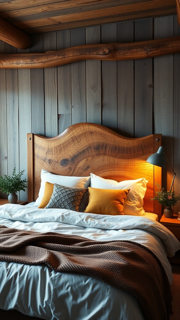 Cozy rustic bedroom with a wooden headboard, soft bedding, and plants.