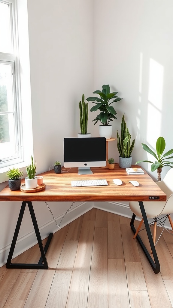A stylish DIY custom built-in desk made from a wood plank, featuring potted plants and a computer setup.