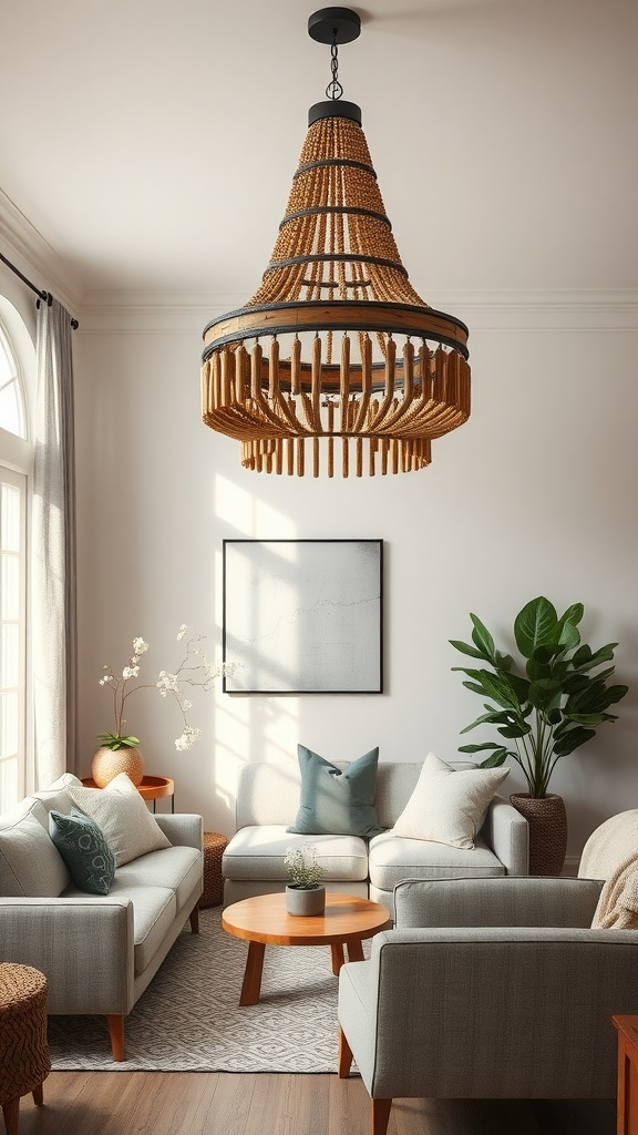 A wooden bead chandelier hanging above a cozy living room with grey furniture and plants.