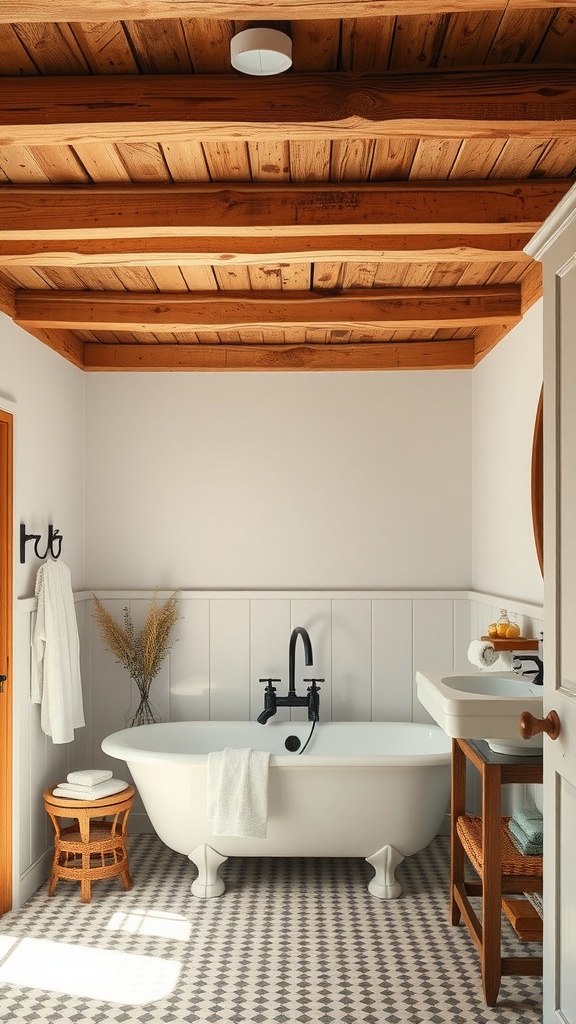 A cozy farmhouse bathroom featuring wooden beams on the ceiling and a freestanding bathtub.
