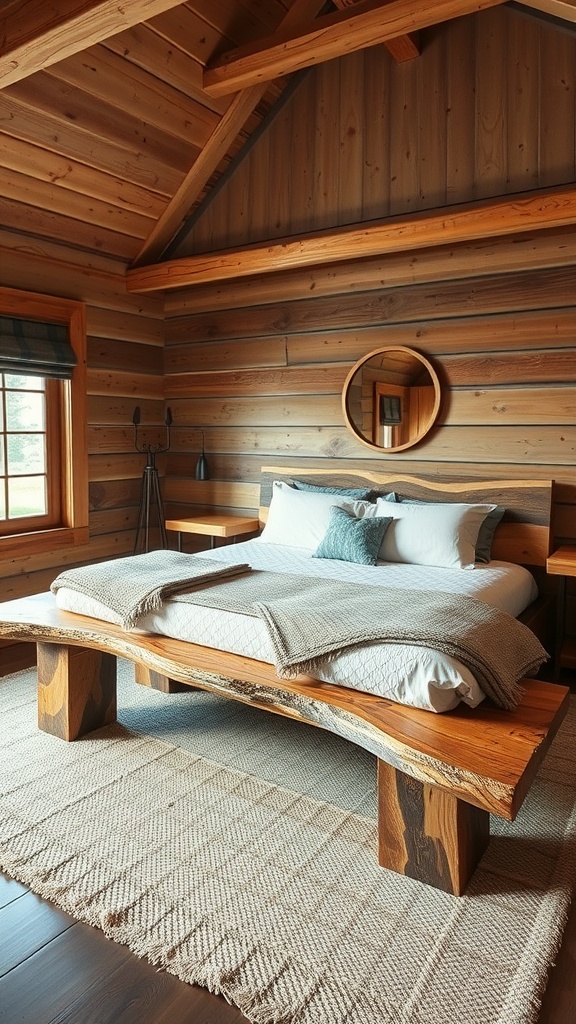 A cozy rustic bedroom featuring a wooden bedframe and a live edge bench, with timber walls and a warm atmosphere.