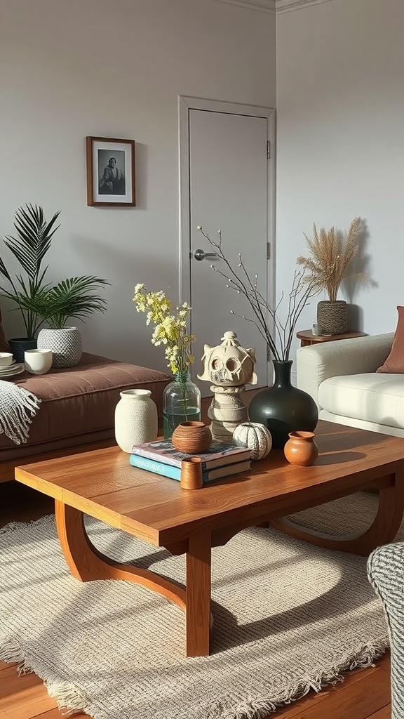 A cozy living room with a wooden coffee table centerpiece featuring books, small bowls, and decorative pumpkins.