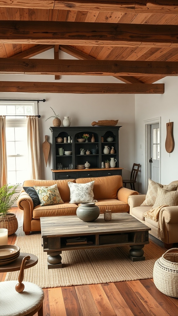 Cozy rustic farmhouse living room featuring wooden beams, a comfortable sofa, wooden coffee table, and warm decor.