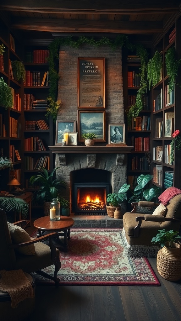 A cozy study with bookshelves, plants, and a fireplace, inspired by dark cottagecore aesthetics.