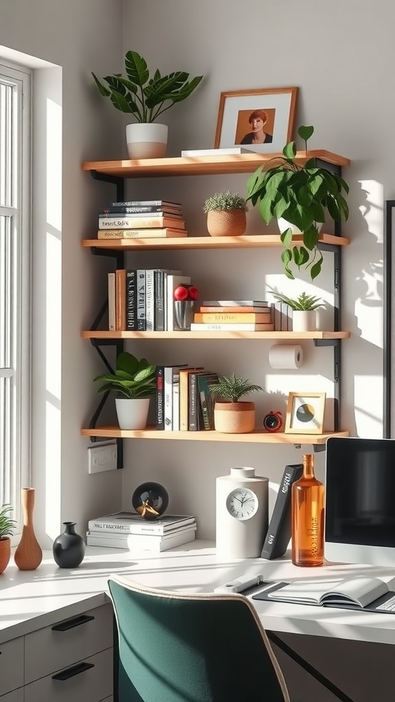 A well-arranged workspace shelf featuring plants, books, and decorative items