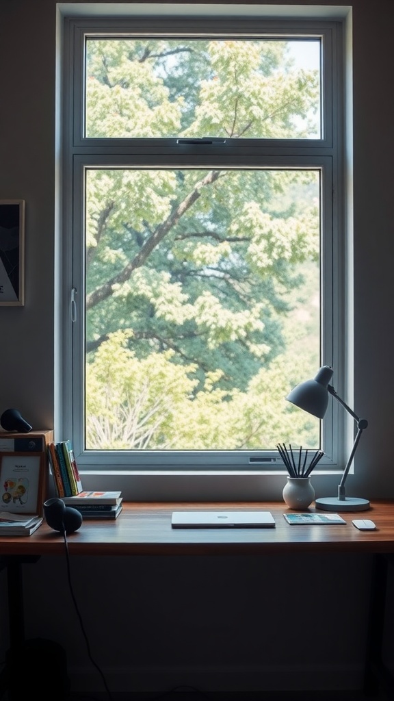 A cozy workspace with a view of trees, featuring a wooden desk, laptop, and desk lamp