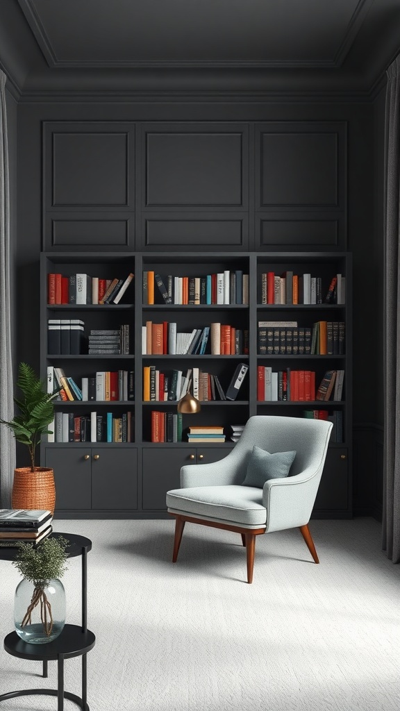 Cozy reading nook featuring Worldly Gray walls, a gray chair, and colorful bookshelves.