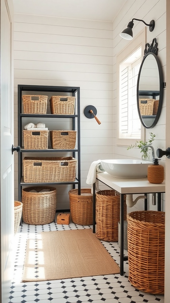 A stylish farmhouse bathroom featuring woven baskets for storage on a black shelf, with a white sink and black and white tile flooring.