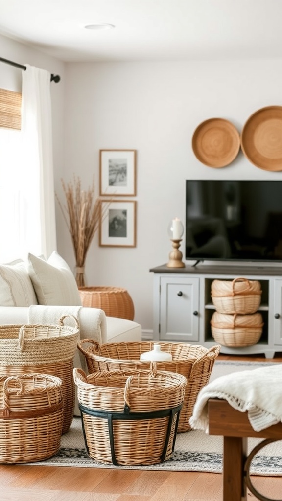 A cozy living room featuring various woven baskets for storage.