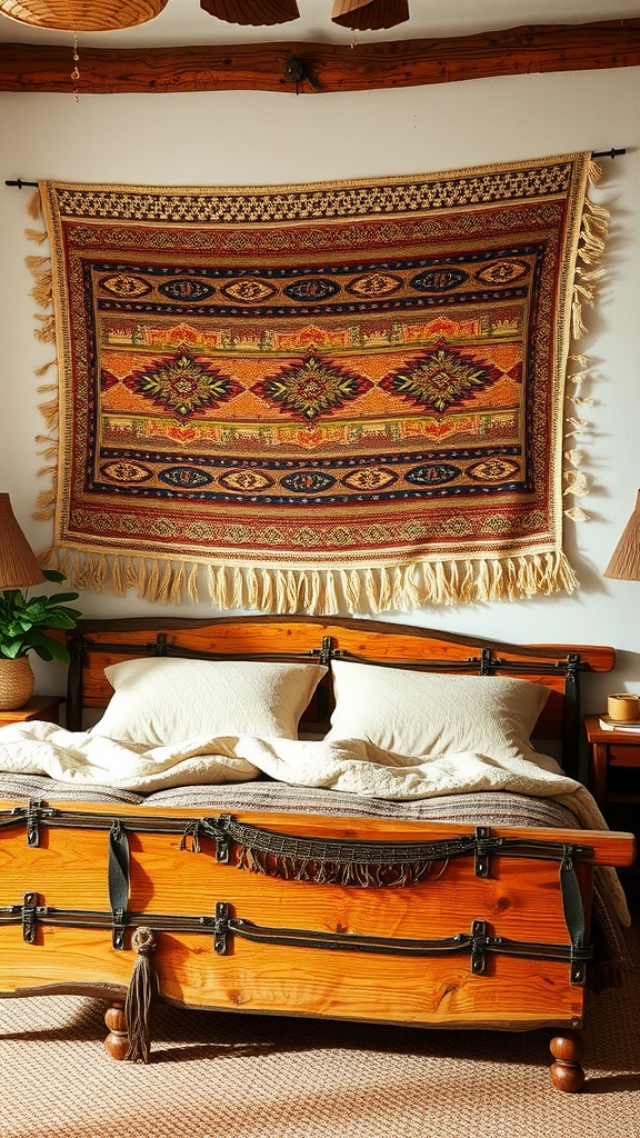 A cozy rustic bedroom featuring a woven tapestry wall hanging above a wooden bed with pillows and a blanket.