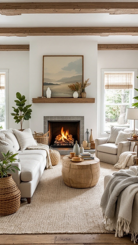 Cozy rustic farmhouse living room with woven decor, warm tones, and a fireplace.