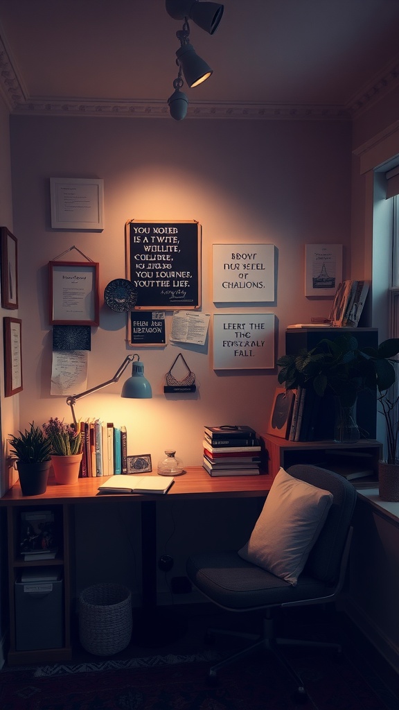 A cozy writing nook with soft lighting, featuring a desk, books, plants, and literary decor.