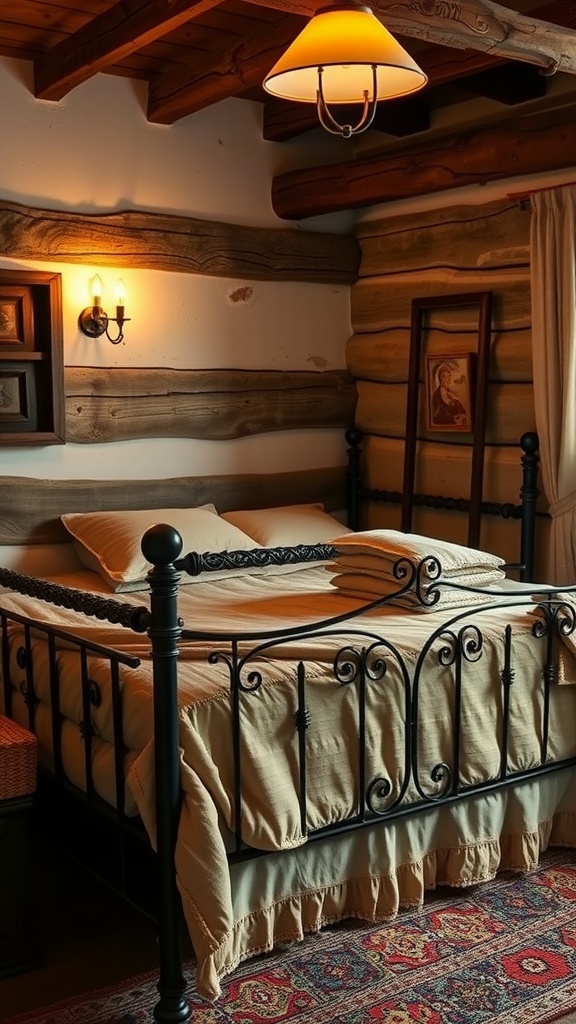 A wrought-iron bed frame with beige bedding in a rustic bedroom featuring wooden walls and soft lighting.