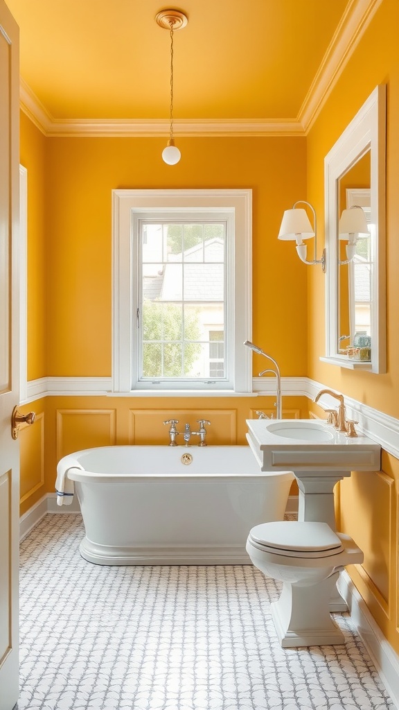 Bright yellow-gold bathroom with white fixtures and a window