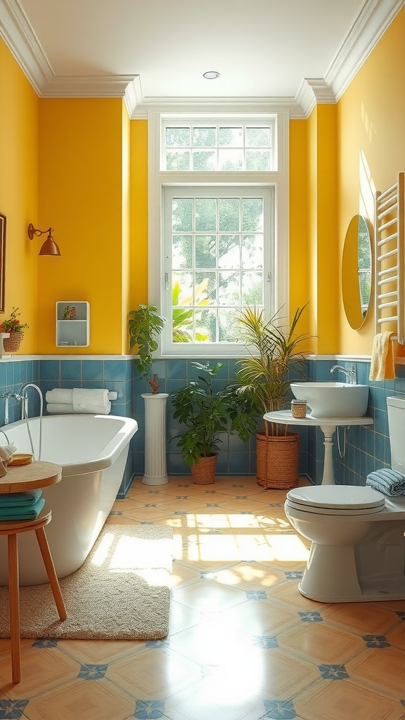 A bright yellow and blue bathroom with a soaking tub, greenery, and a natural wooden stool.