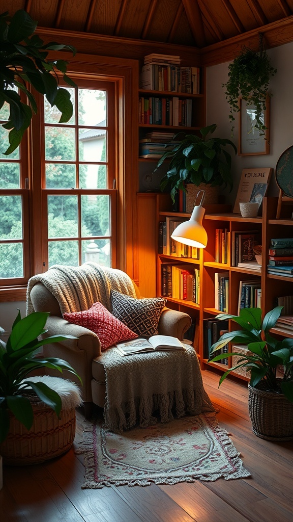 A cozy reading nook with a plush armchair, soft blanket, and bookshelves filled with books, surrounded by greenery and natural light.