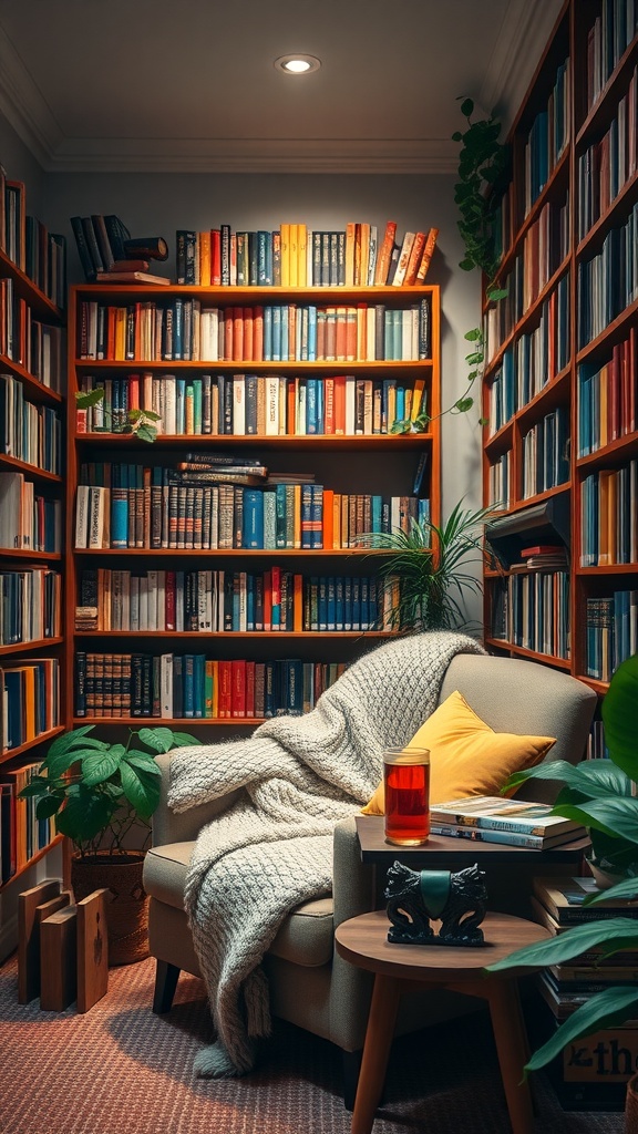 Cozy home library with bookshelves, an armchair, and plants