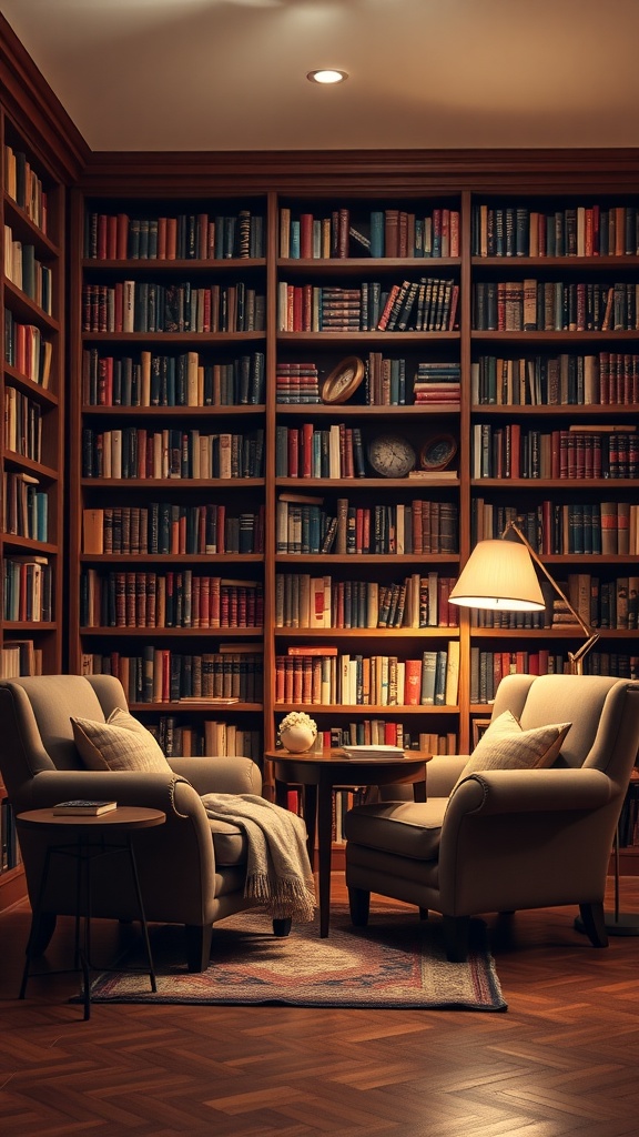 Cozy reading nook with two chairs, a small table, and a backdrop of filled bookshelves