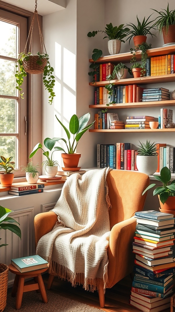 Cozy reading nook with an orange armchair, bookshelves filled with colorful books, and potted plants by a sunny window.