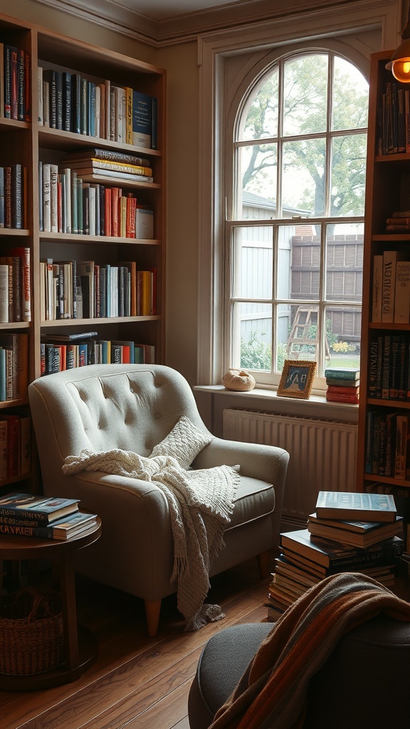 A cozy reading nook featuring an armchair, bookshelves filled with books, and a window allowing natural light to enter