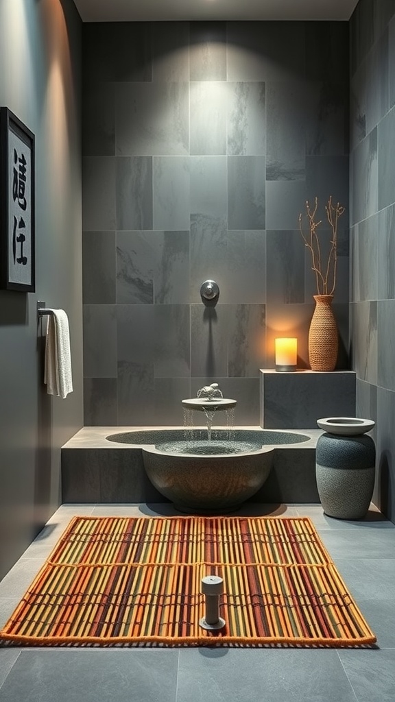 A Zen-inspired bathroom featuring a unique basin, soft lighting, and natural decor elements.