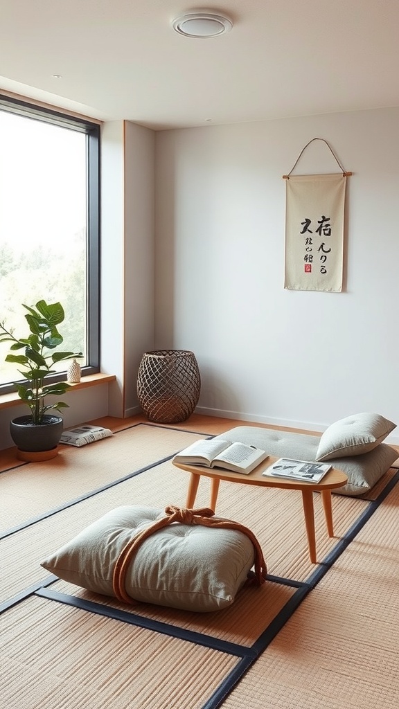 A serene Japanese-inspired reading nook featuring tatami mats, soft cushions, and a wooden table with a book on it, illuminated by natural light from a large window.