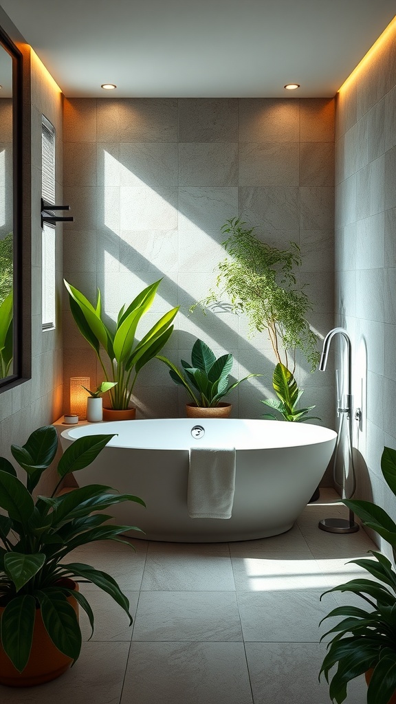 A modern Zen spa bathroom featuring a freestanding tub surrounded by lush green plants and soft lighting.