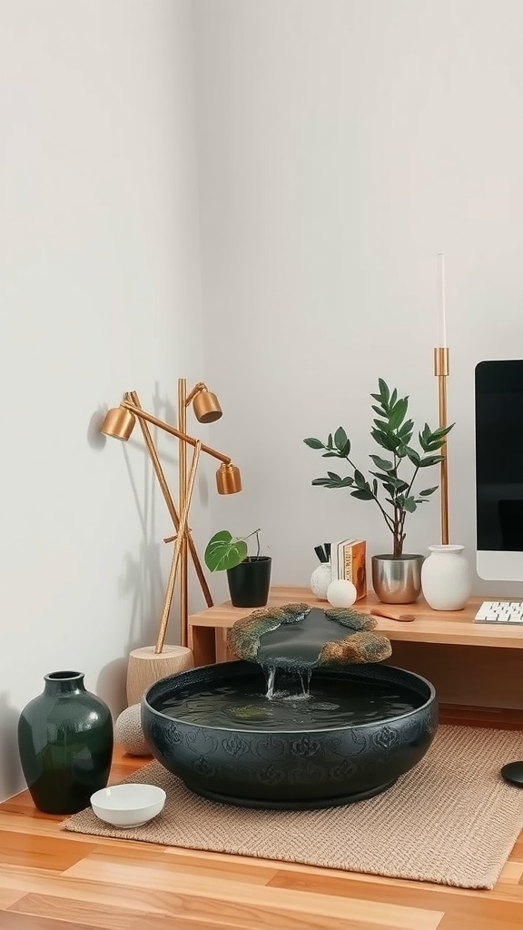A zen workspace featuring a water fountain, plants, and organized desk setup.