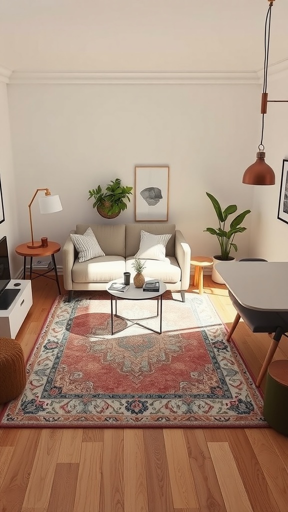 Cozy small living room with a rug defining the living area