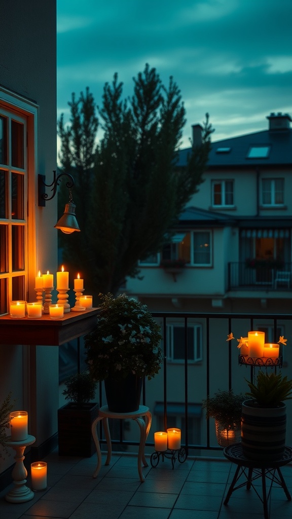A cozy balcony adorned with candles and plants, creating a warm evening atmosphere.