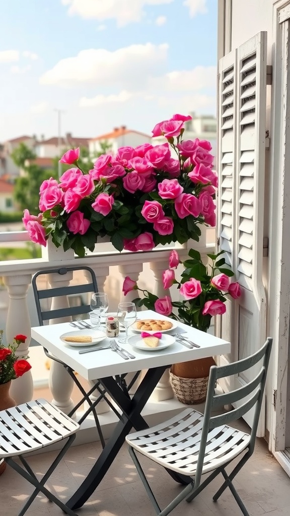 A compact dining area on a balcony with a small white table set for two, surrounded by pink roses.