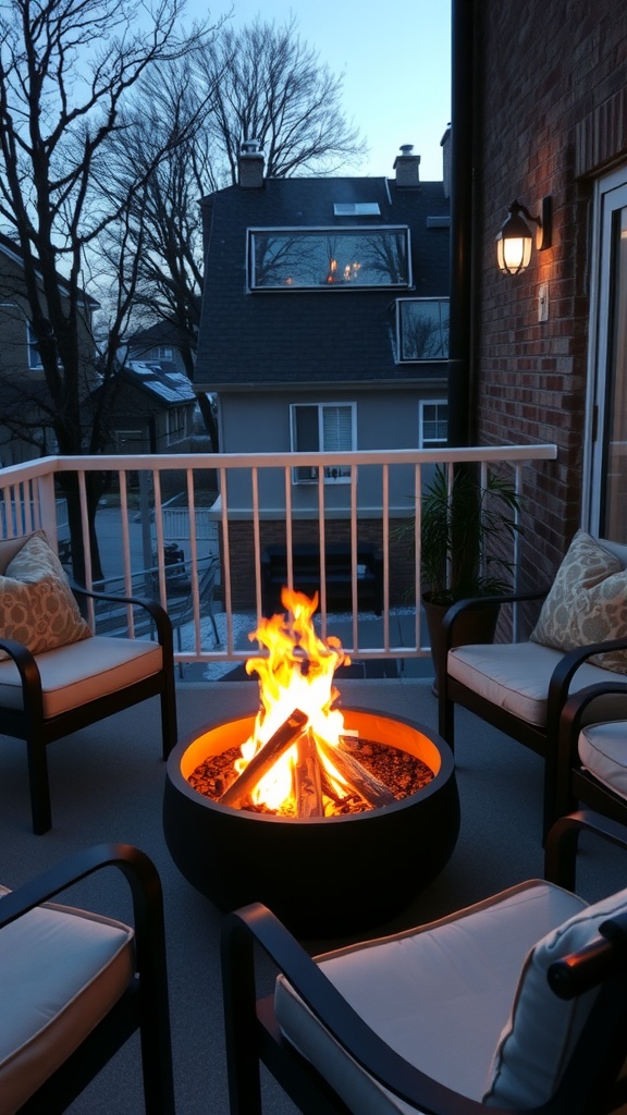 Cozy balcony with a small fire bowl surrounded by chairs.