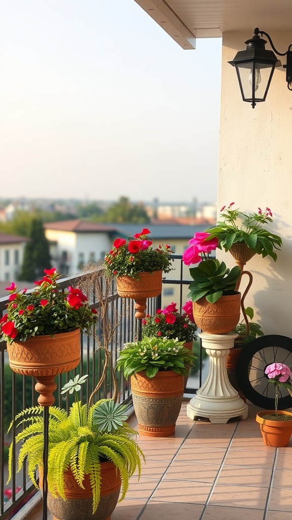 A cozy balcony with various flower pots and plants, featuring vibrant colors and a warm atmosphere.