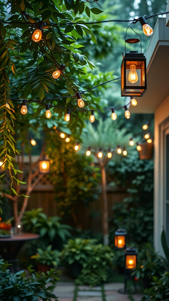 A beautifully lit backyard featuring string lights and lanterns among lush greenery.