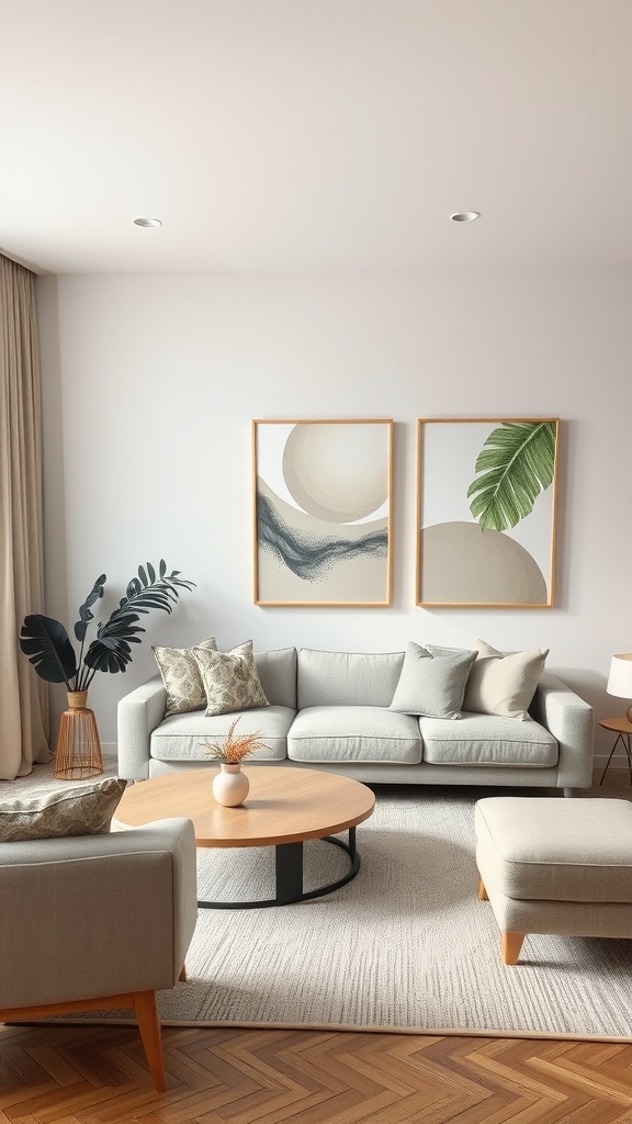 A cozy living room with beige and grey decor featuring two abstract artworks.