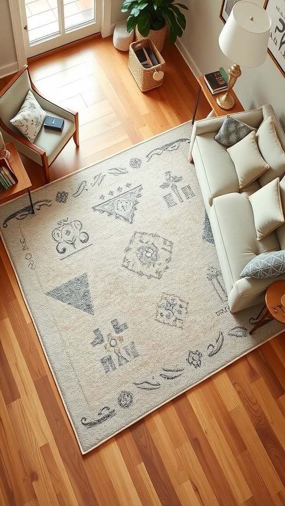 A spacious living room featuring a beige and grey area rug, comfortable seating, and natural light.