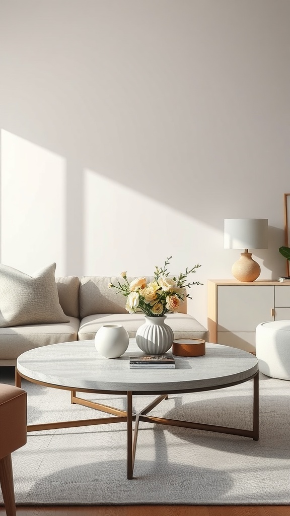 A stylish beige and grey coffee table in a modern living room setting.