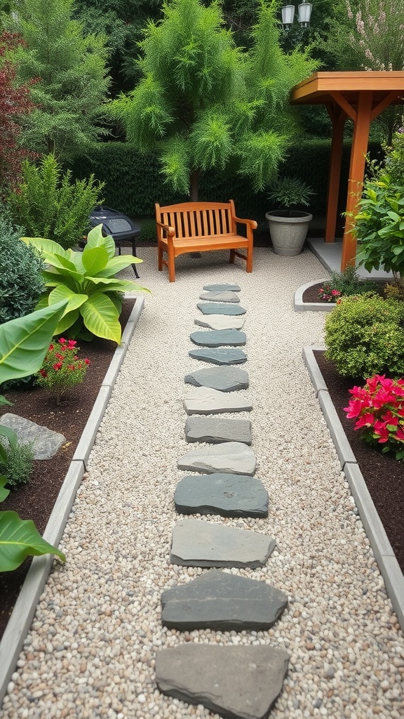A stone pathway leading through a garden with greenery, flowers, and a wooden bench.