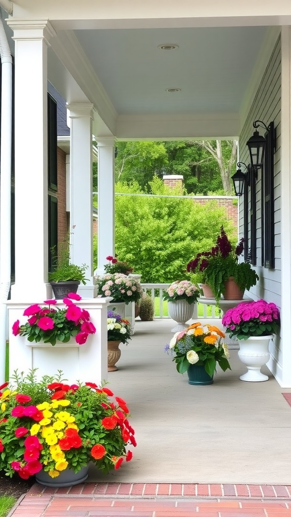 Colorful flowers in built-in planters on a front porch