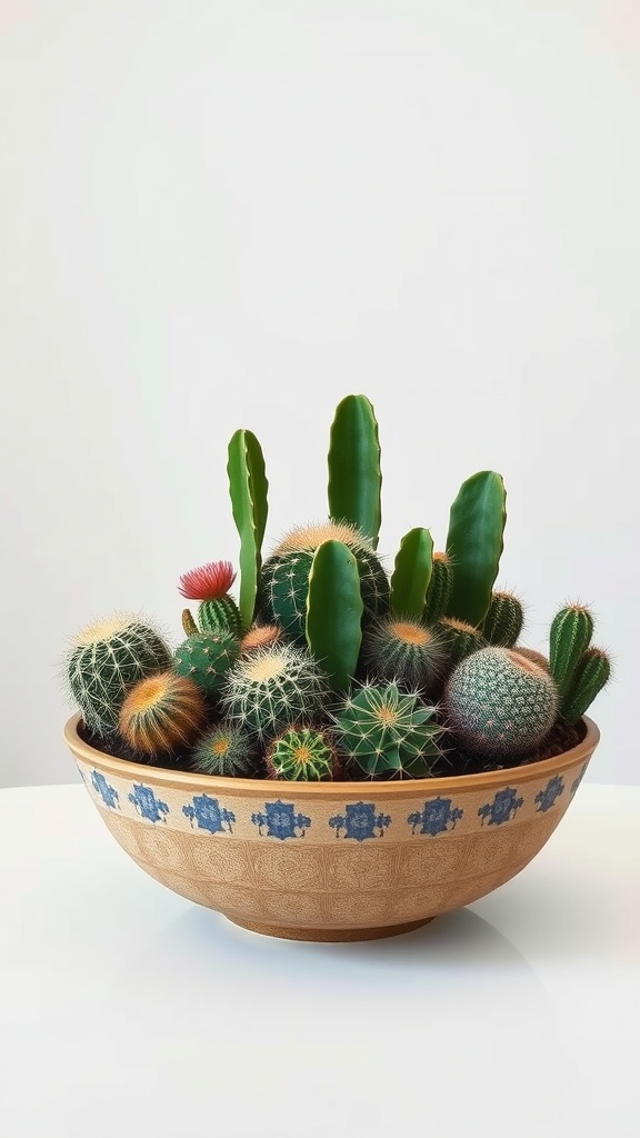 A bowl filled with various types of cacti, showcasing different shapes and sizes.