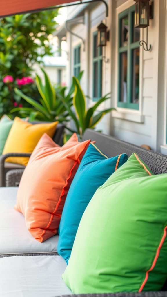 Colorful throw pillows in vibrant hues on a porch sofa.
