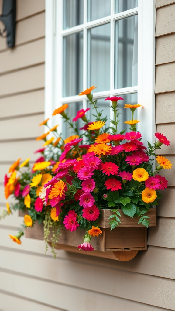 Colorful window box filled with vibrant flowers, enhancing the exterior of a house.