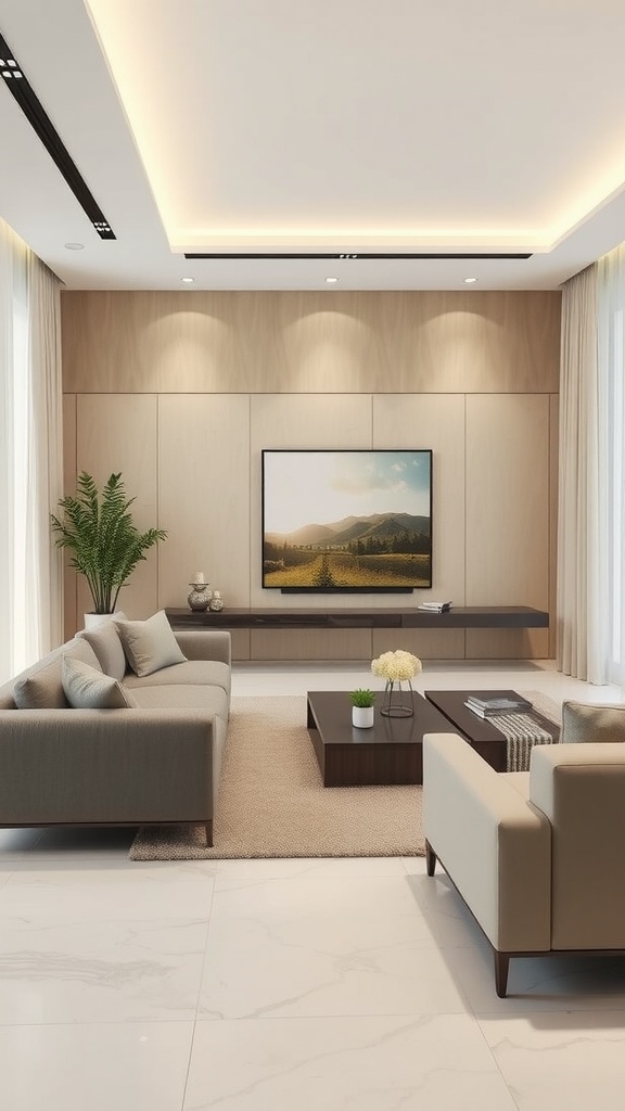 A contemporary beige and grey living room with stylish furniture, wooden accents, and plants.
