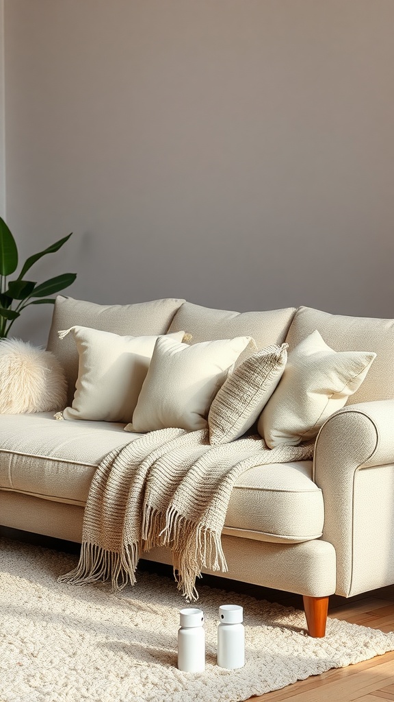 Cozy beige and grey living room with soft pillows and a blanket on the couch