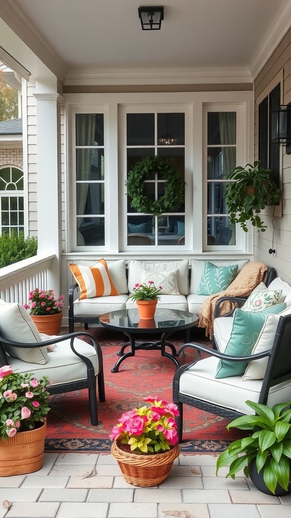 Cozy front porch with comfortable seating and plants.