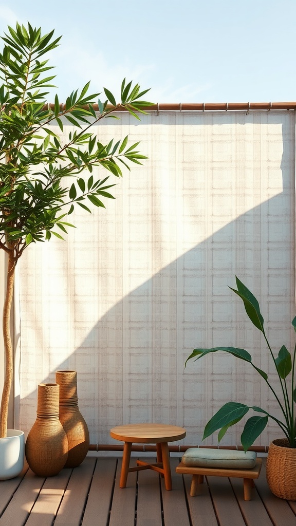 A cozy patio setup featuring a privacy screen, plants, and wooden furniture.