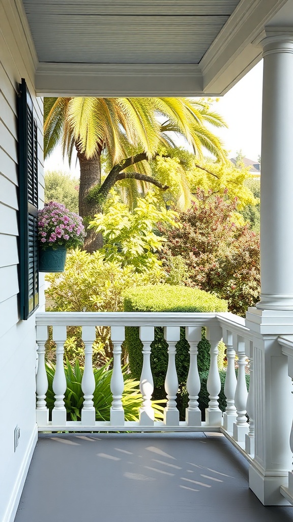 A view of a front porch with decorative white railings and lush greenery in the background.